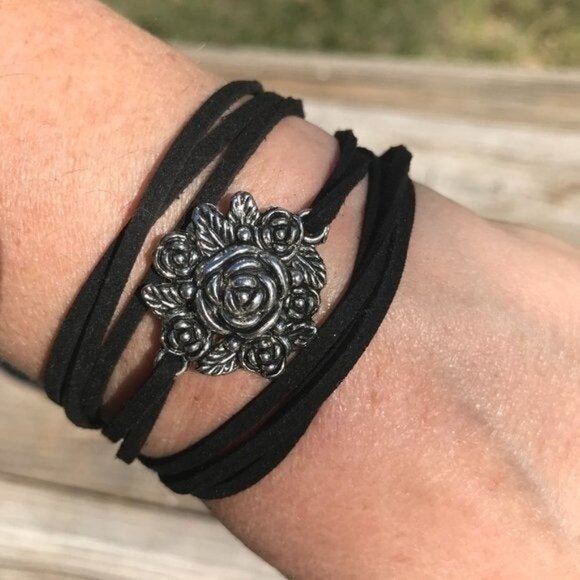 Tie Wrap Floral Rose Silver Bracelet Cuff Yoga Boho Biker Vegan Faux Leather - Picture 6 of 11